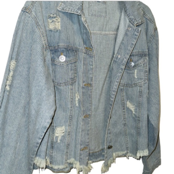 Vici Denim Blue Stripe Distressed Jean Jacket Sz Small Grunge Thrashed skater - Picture 5 of 8